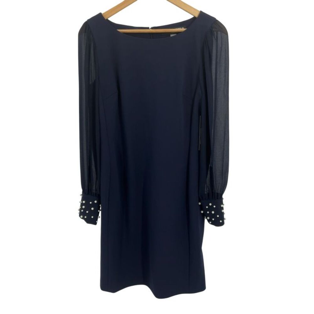 Karl Lagerfeld Paris Women Scuba Crepe Chiffon Sleeve Sheath Dress Blue 8